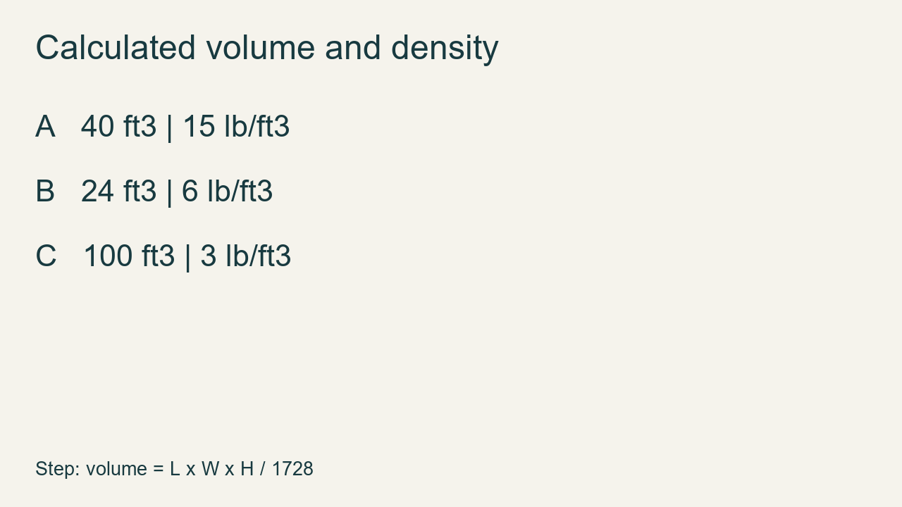 Step: calculated volume and density for the hypothetical units above.