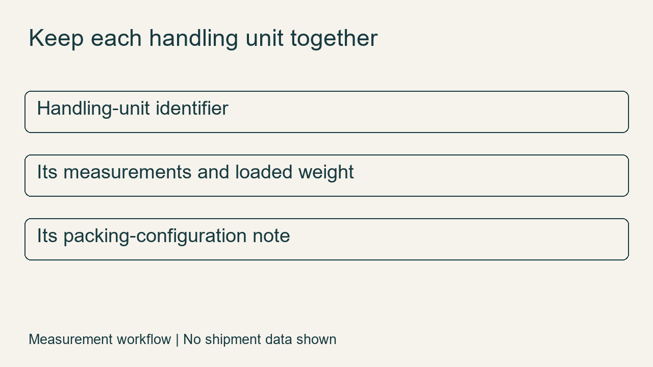 Proposed handoff record: keep identifiers, measurements and packing notes together; not a carrier form.
